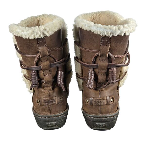 UGG Akadia Boots Womens 7 Stout Brown Leather Shearling Boots Mid Calf Back Lace - Picture 10 of 12